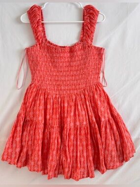 Free People Annie Mini Dress Pink and Orange Smocked Top - Size M